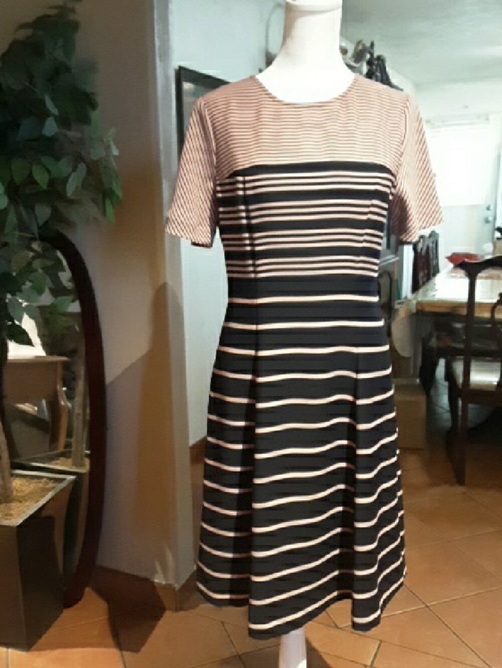 Ann Taylor Black and Cream Striped Fit-and-Flare Midi Dress